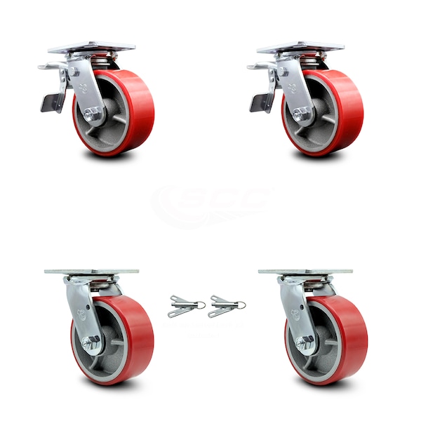 5 Inch Red Poly on Steel Caster Set with Roller Bearings 2 Brake 2 Swivel Lock